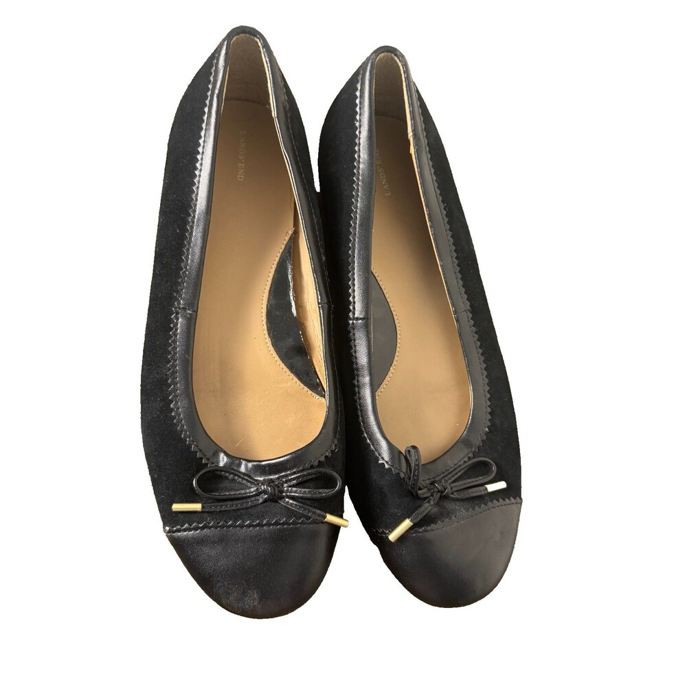 Lands End Black Suede Leather Ballet Flats Bow Balletcore Womens 11D Wide